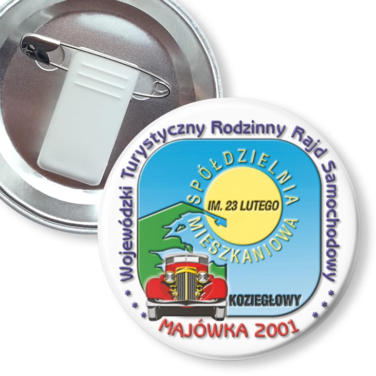 przypinka z żabką i agrafką Rodzinny Rajd Samochodowy