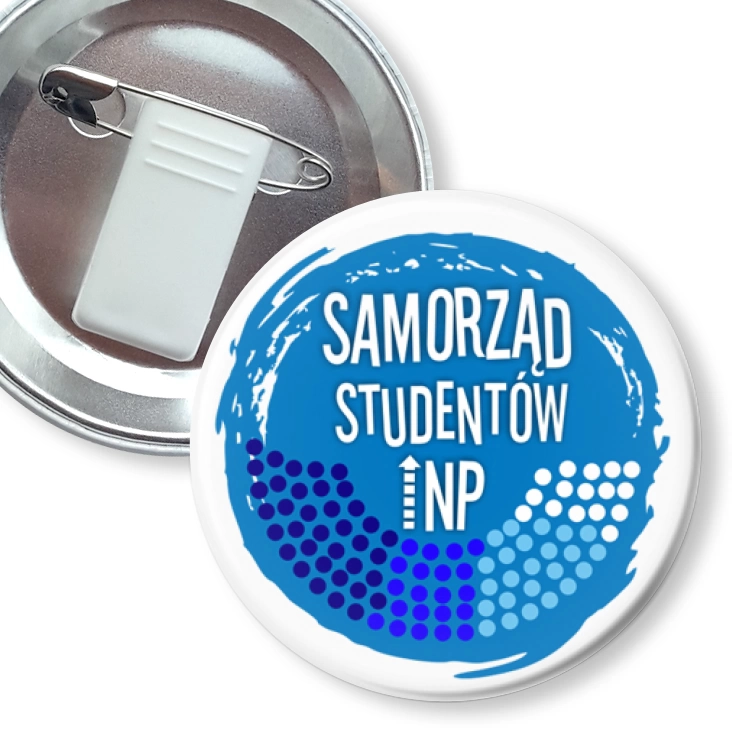 przypinka z żabką i agrafką Samorząd Studentów NP