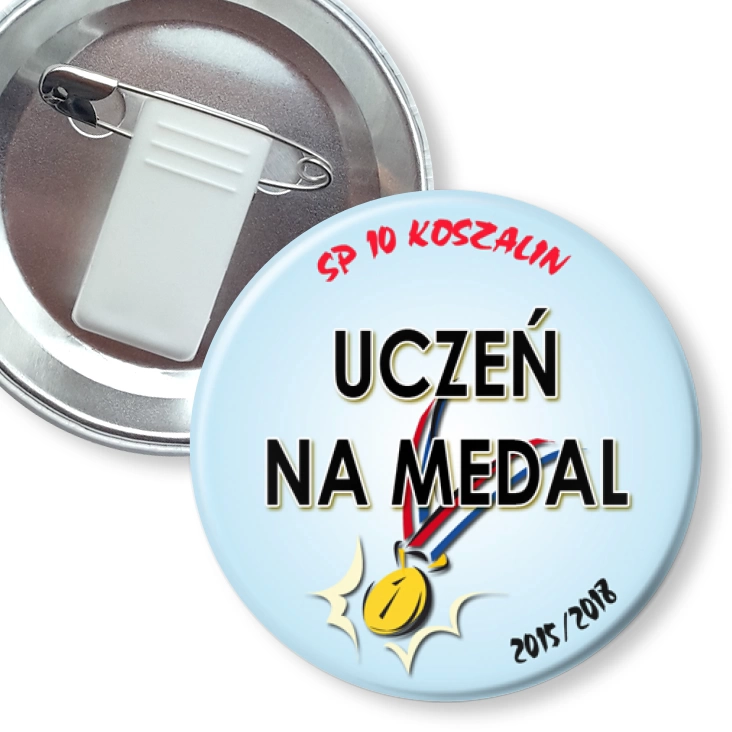 przypinka z żabką i agrafką Uczeń na medal - SP 10 Koszalin