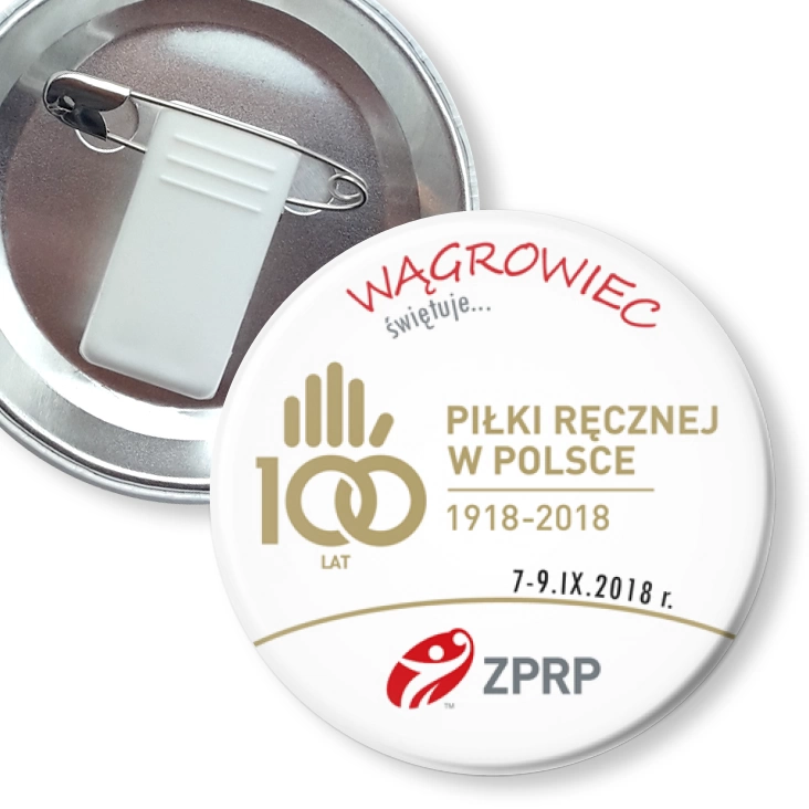 przypinka z żabką i agrafką Wągrowiec na stulecie