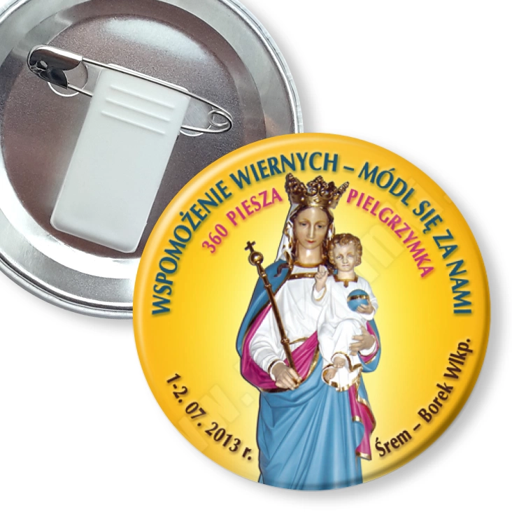przypinka z żabką i agrafką Wspomożenie wiernych - módl się za nami.