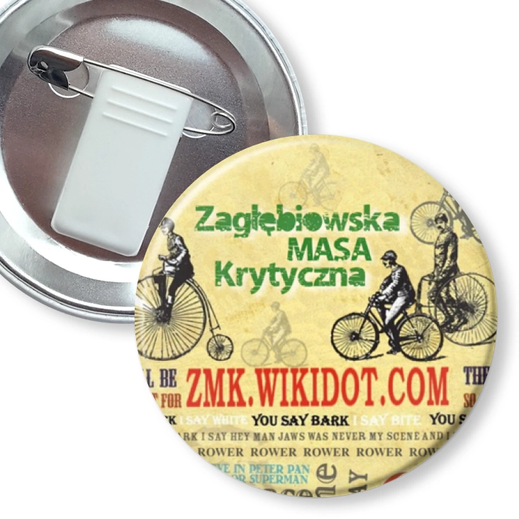 przypinka z żabką i agrafką Zagłębiowska Masa Krytyczna
