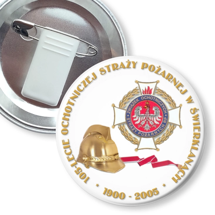 przypinka z żabką i agrafką 105-lecie OSP w Świerklanach