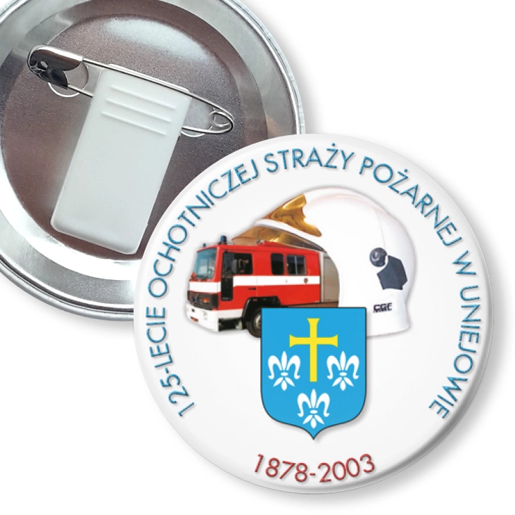 przypinka z żabką i agrafką 125-lecie OSP w Uniejowie