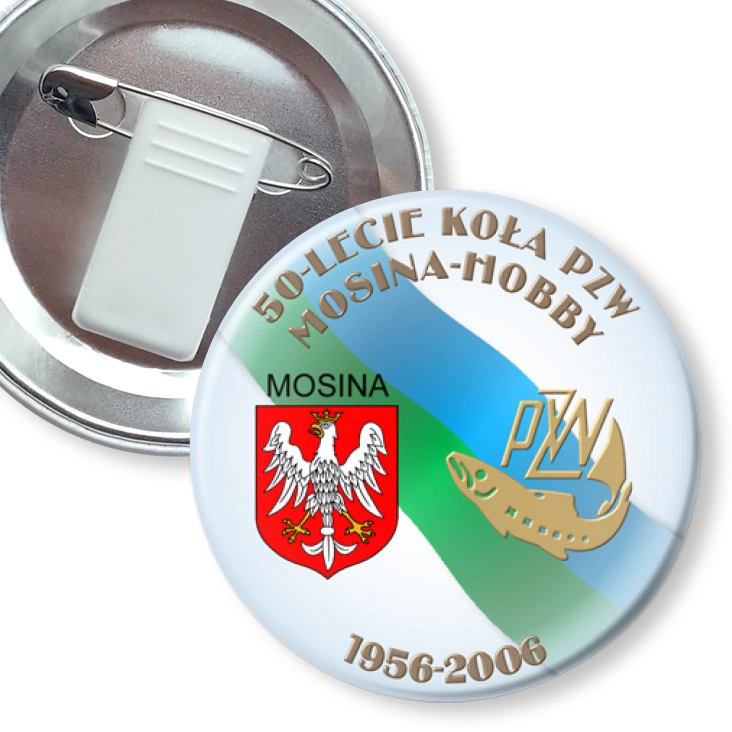 przypinka z żabką i agrafką 50-lecie Kooła PZW Mosina - Horby