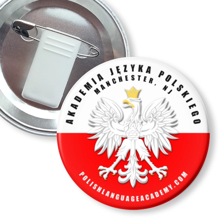 przypinka z żabką i agrafką Akademia Języka Polskiego