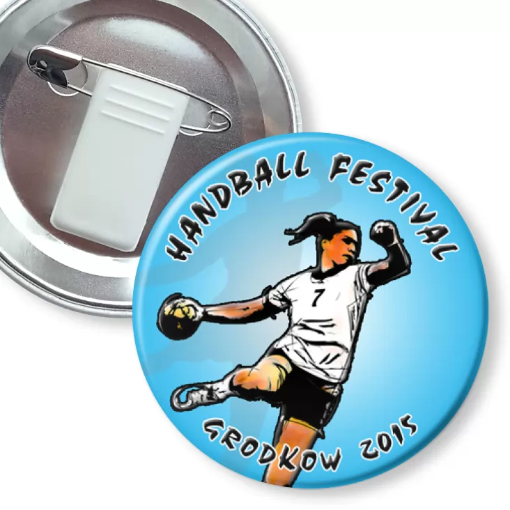 przypinka z żabką i agrafką Handball Festival 2015