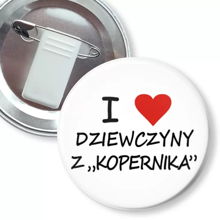 przypinka z żabką i agrafką I love dziewczyny z Kopernika