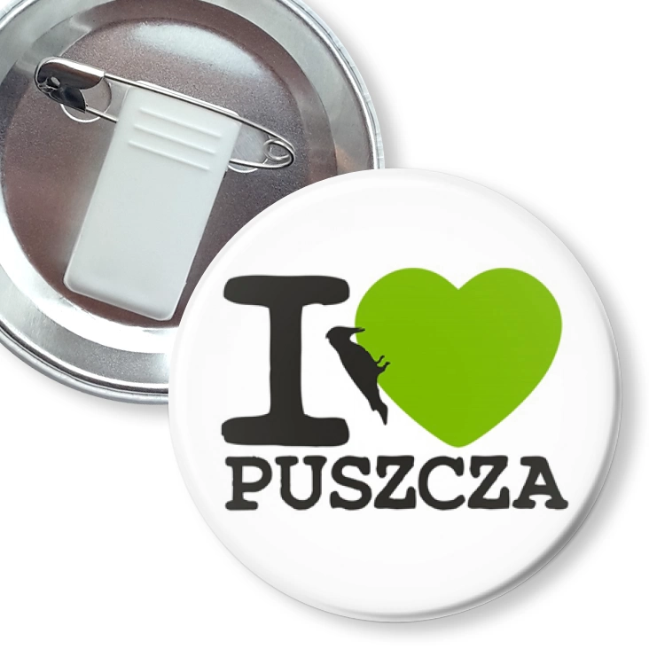 przypinka z żabką i agrafką I love Puszcza