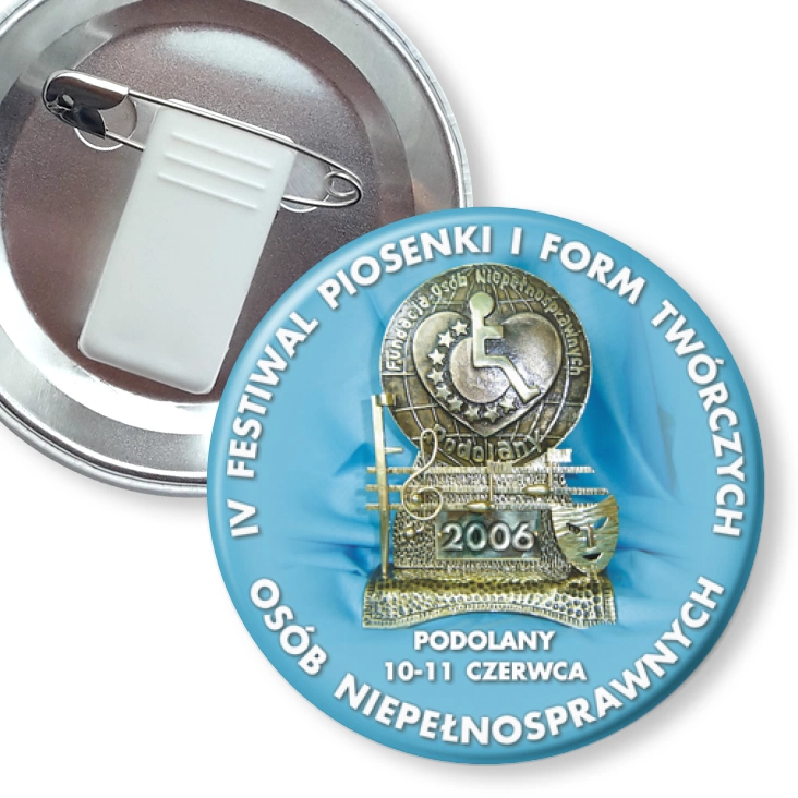 przypinka z żabką i agrafką IV Festiwal Piosenki i Form Twórczych Osób Niepełnosprawnych