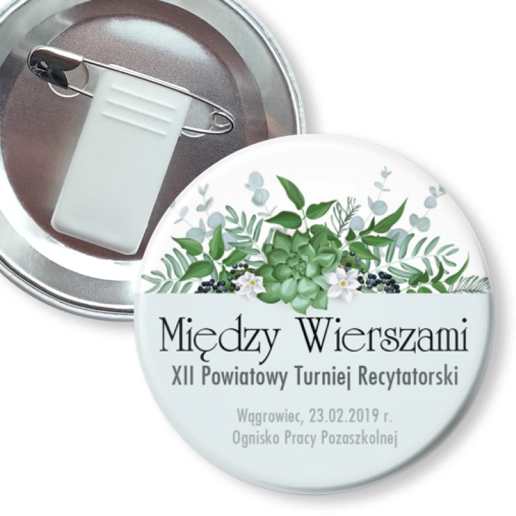 przypinka z żabką i agrafką Między Wierszami 2019