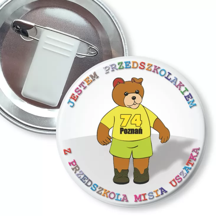 przypinka z żabką i agrafką Przedszkolak z przedszkola nr 74