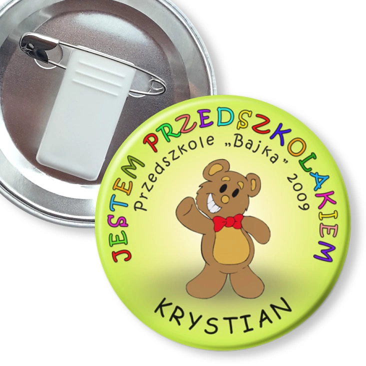 przypinka z żabką i agrafką Przedszkole Bajka