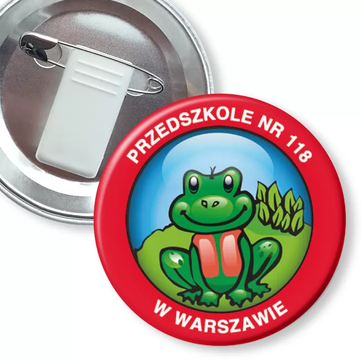 przypinka z żabką i agrafką Przedszkole nr 118 w Warszawie