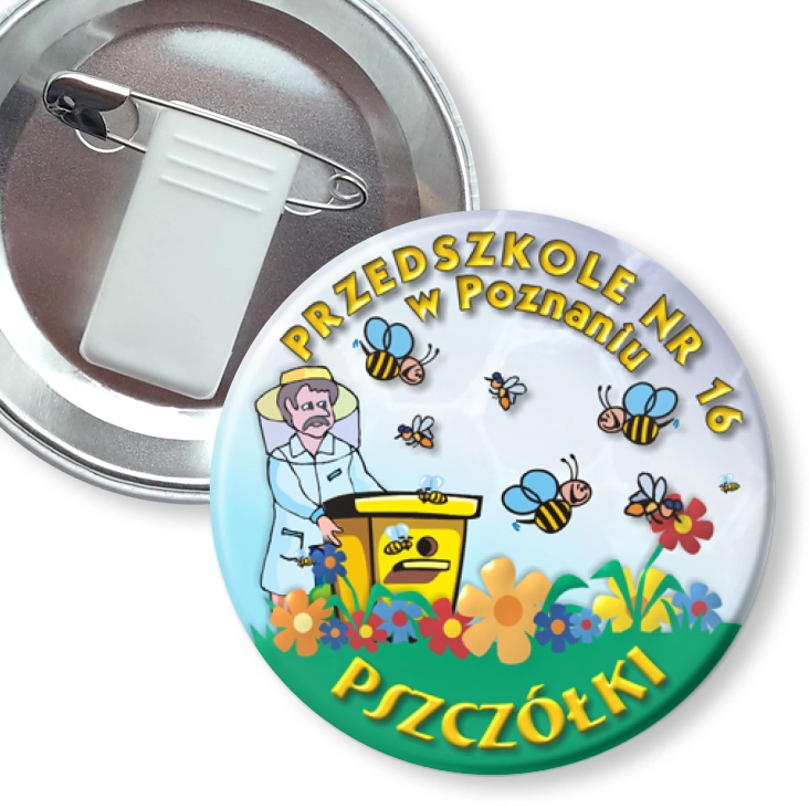 przypinka z żabką i agrafką Przedszkole nr 16 w Poznaniu Pszczółki