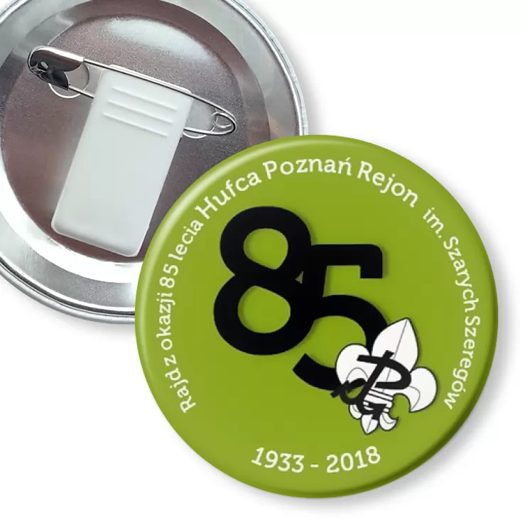 przypinka z żabką i agrafką Rajd z okazji 85-lecia Hufca Poznań Rejon