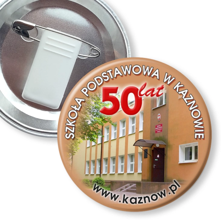 przypinka z żabką i agrafką Szkoła Podstawowa w Kaznowie - 50 lat