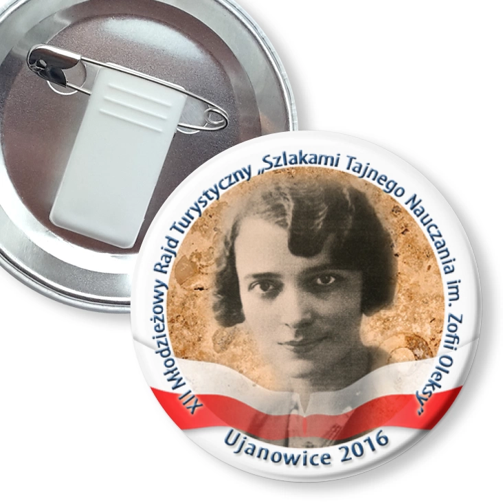 przypinka z żabką i agrafką Szlakami Tajnego Nauczania im. Zofii Oleksy