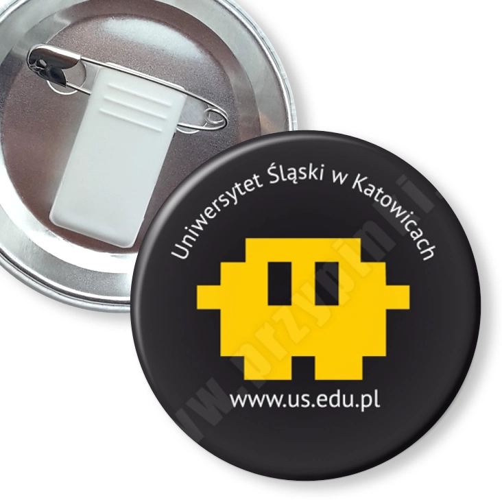 przypinka z żabką i agrafką Uniwersytet Śląski w Katowicach