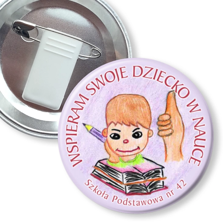 przypinka z żabką i agrafką Wspieram swoje dziecko w nauce - chłopiec