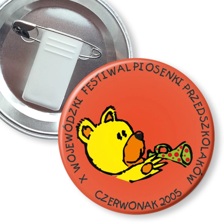 przypinka z żabką i agrafką X Wojewódzki Festiwal Piosenki Przedszkolaków
