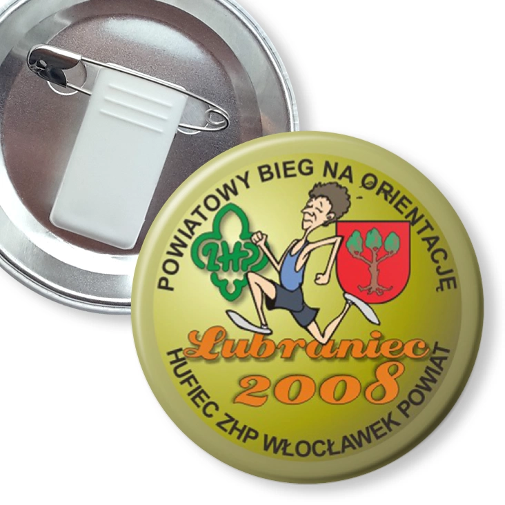 przypinka z żabką i agrafką Powiatowy Bieg na Orientację