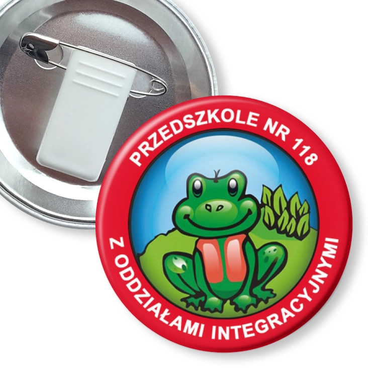 przypinka z żabką i agrafką Przedszkole nr 118 z oddziałami integracyjnymi