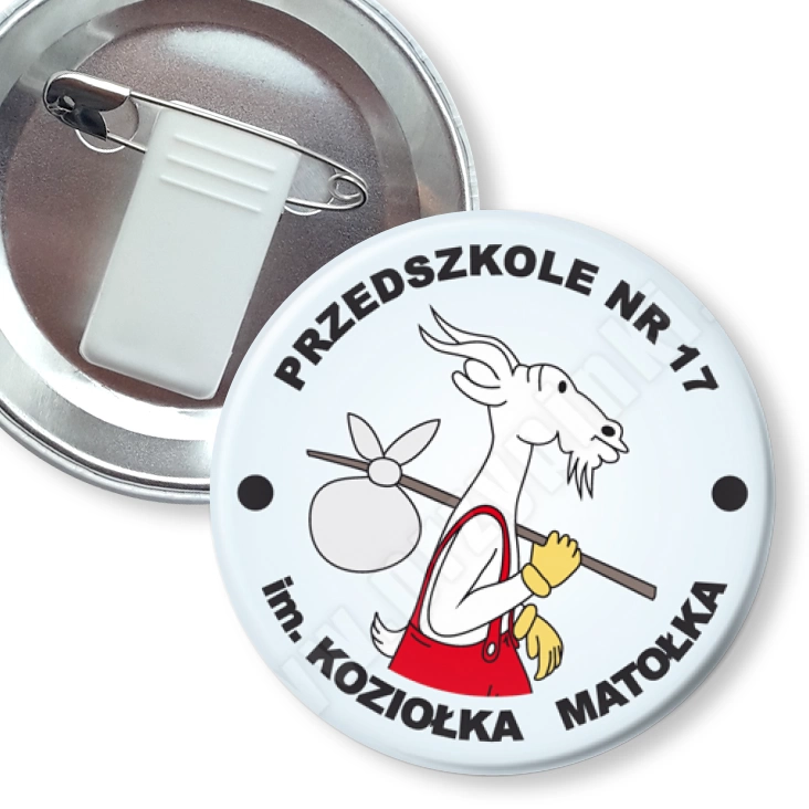 przypinka z żabką i agrafką Przedszkole nr 17 im. Koziołka Matołka