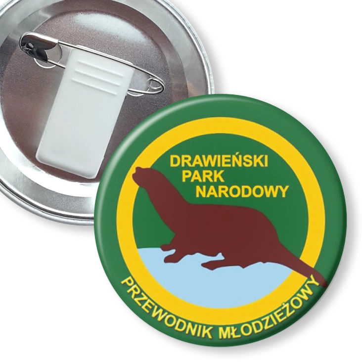 przypinka z żabką i agrafką Przewodnik Młodzieżowy w Drawieńskim Parku Narodowym