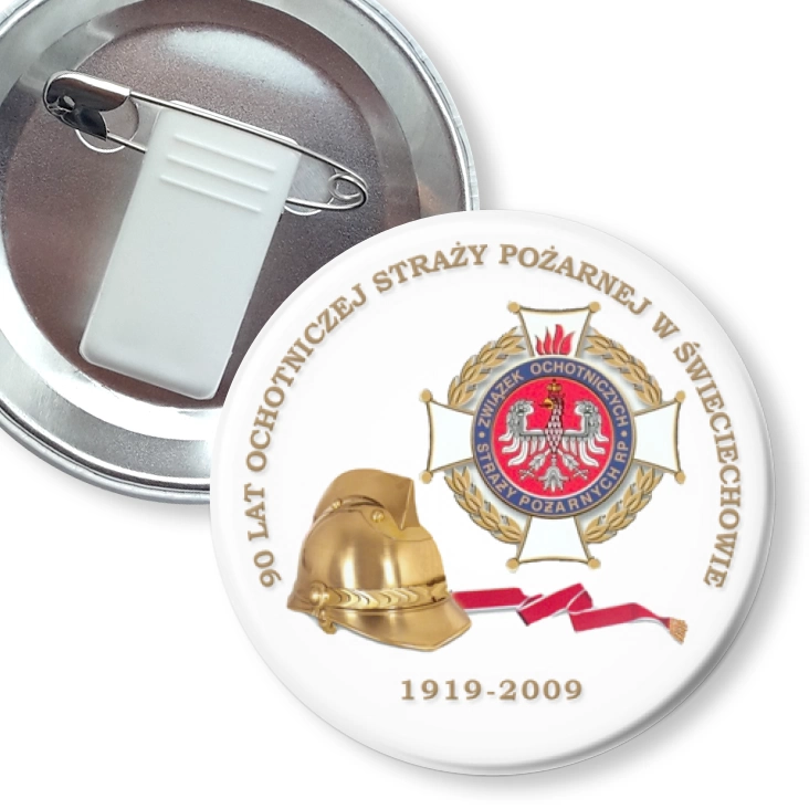 przypinka z żabką i agrafką 90 lat OSP w Świeciechowie