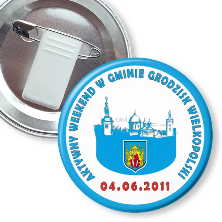 przypinka z żabką i agrafką Aktywny Weekend w gminie Grodzisk Wlkp.