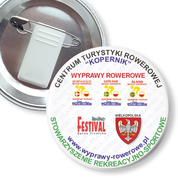przypinka z żabką i agrafką Centrum Turystyki Rowerowej Kopernik