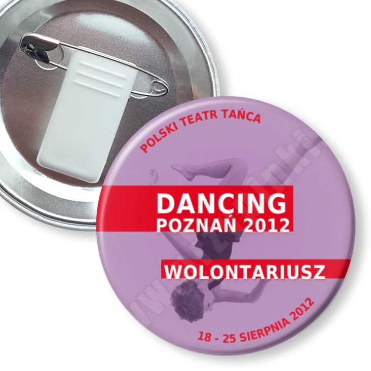 przypinka z żabką i agrafką Dancing Poznań 2012 - wolontariusz