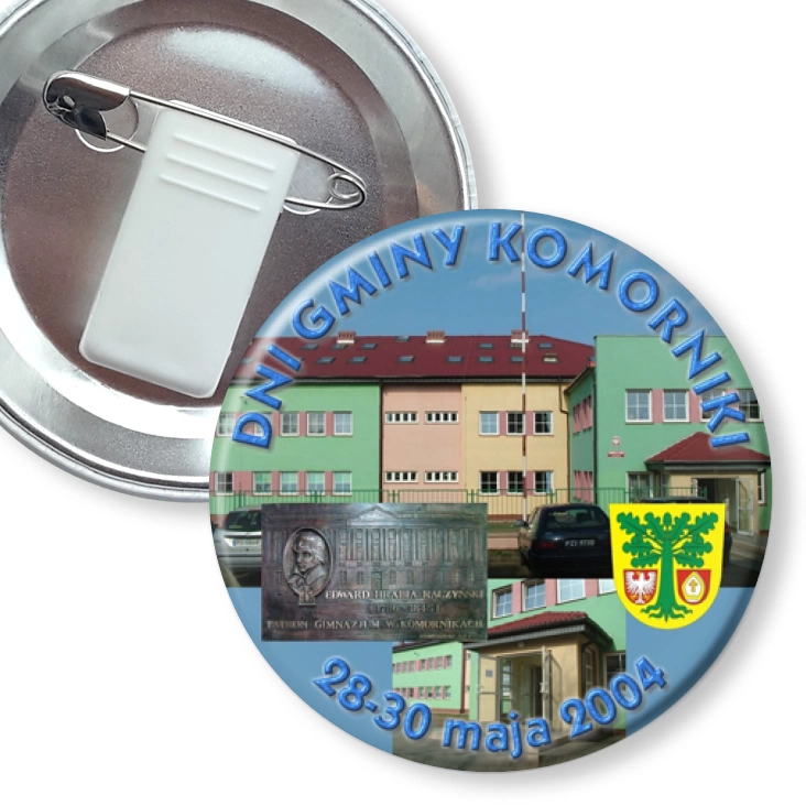 przypinka z żabką i agrafką Dni Gminy Komorniki 2004