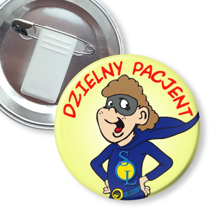 przypinka z żabką i agrafką Dzielny pacjent