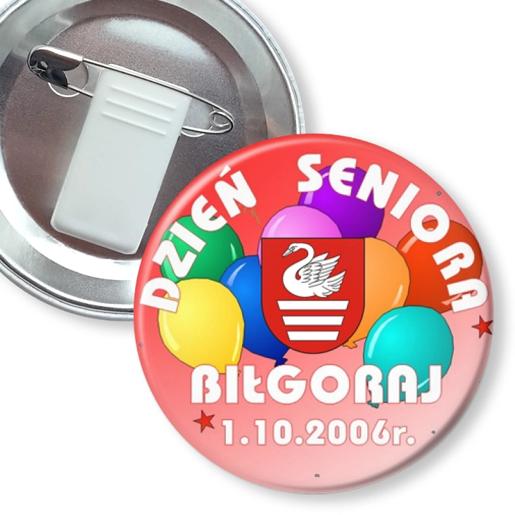 przypinka z żabką i agrafką Dzień Seniora Biłgoraj