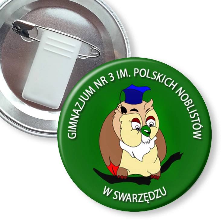 przypinka z żabką i agrafką Gimnazjum nr 3 w Swarzędzu