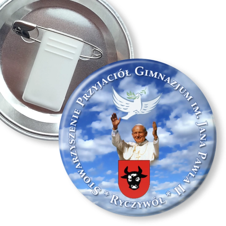 przypinka z żabką i agrafką Gimnazjum Ryczywół
