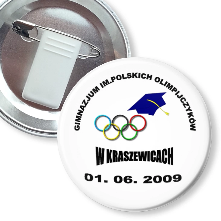 przypinka z żabką i agrafką Gimnazjum w Kraszewicach