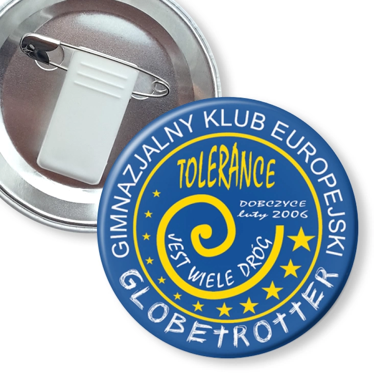 przypinka z żabką i agrafką Globetrotter - Gimnazjalny Klub Europejski w Dobrzycach 2006