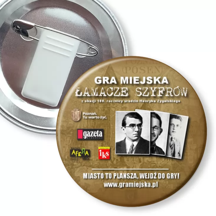 przypinka z żabką i agrafką Gra Miejska Łamacze Szyfrów