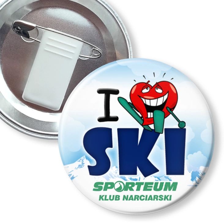 przypinka z żabką i agrafką I love ski