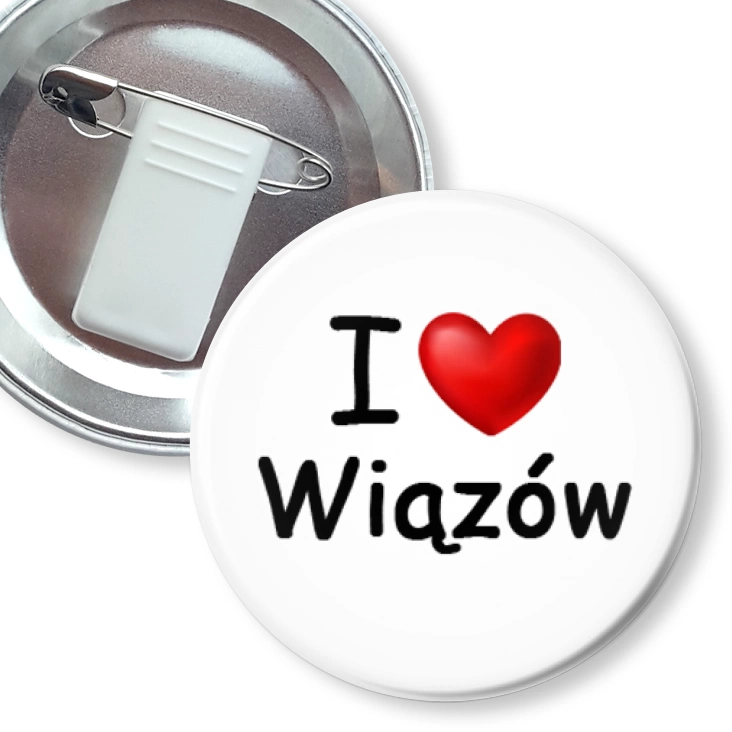 przypinka z żabką i agrafką I love Wiązów