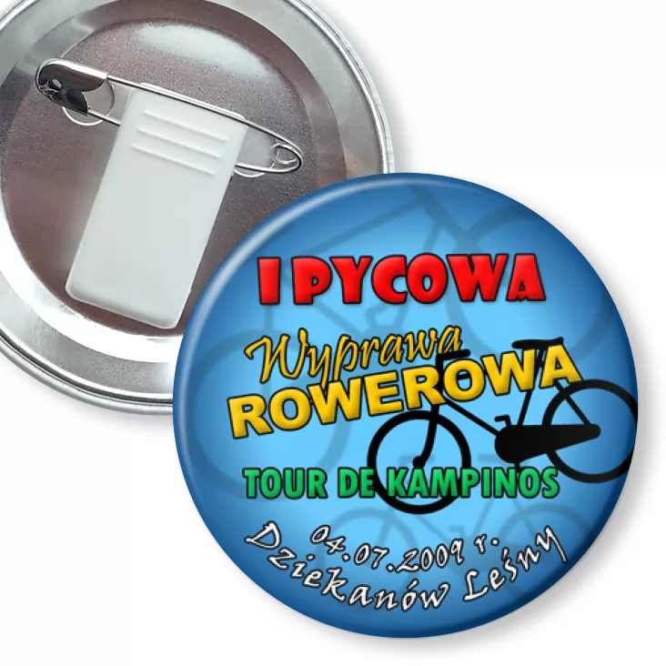 przypinka z żabką i agrafką I Pycowa Wyprawa Rowerowa