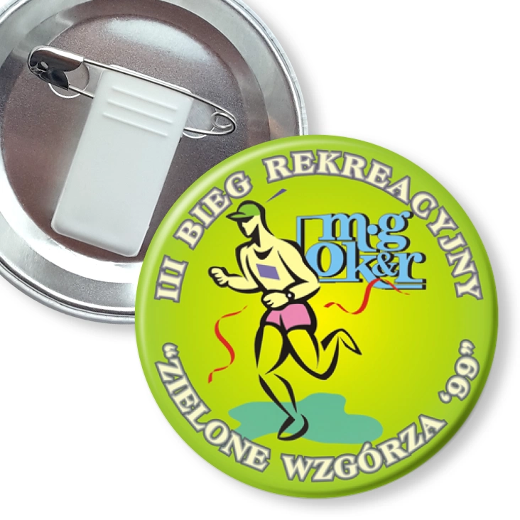 przypinka z żabką i agrafką II Bieg Rekreacyjny Zielone Wzgórza 99