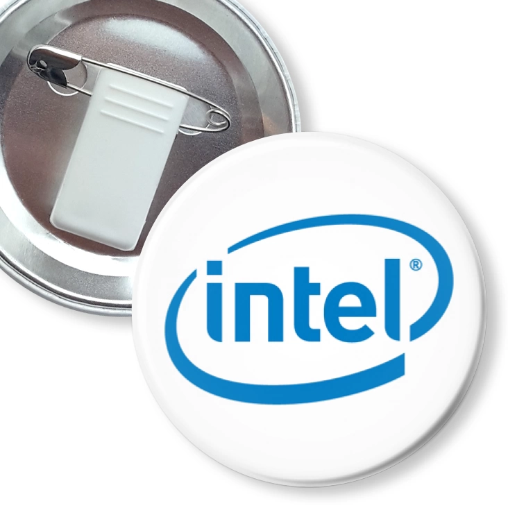 przypinka z żabką i agrafką Intel