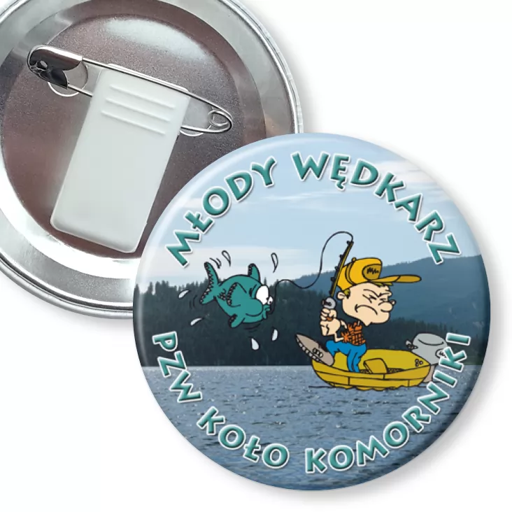 przypinka z żabką i agrafką Młody Wędkarz