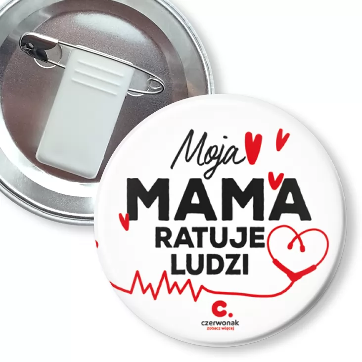 przypinka z żabką i agrafką Moja mama ratuje ludzi
