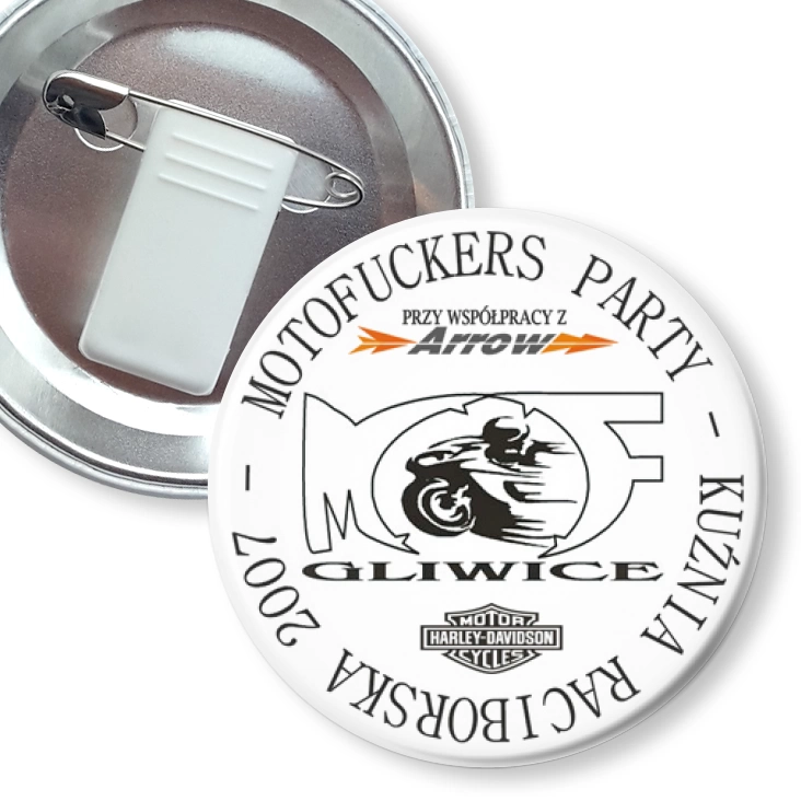przypinka z żabką i agrafką Motofuckers Party - Kuźnia Raciborska 2007