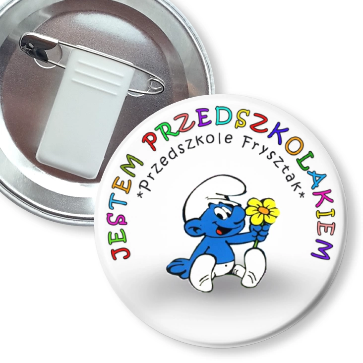 przypinka z żabką i agrafką Przedszkole Frysztak - smerfy
